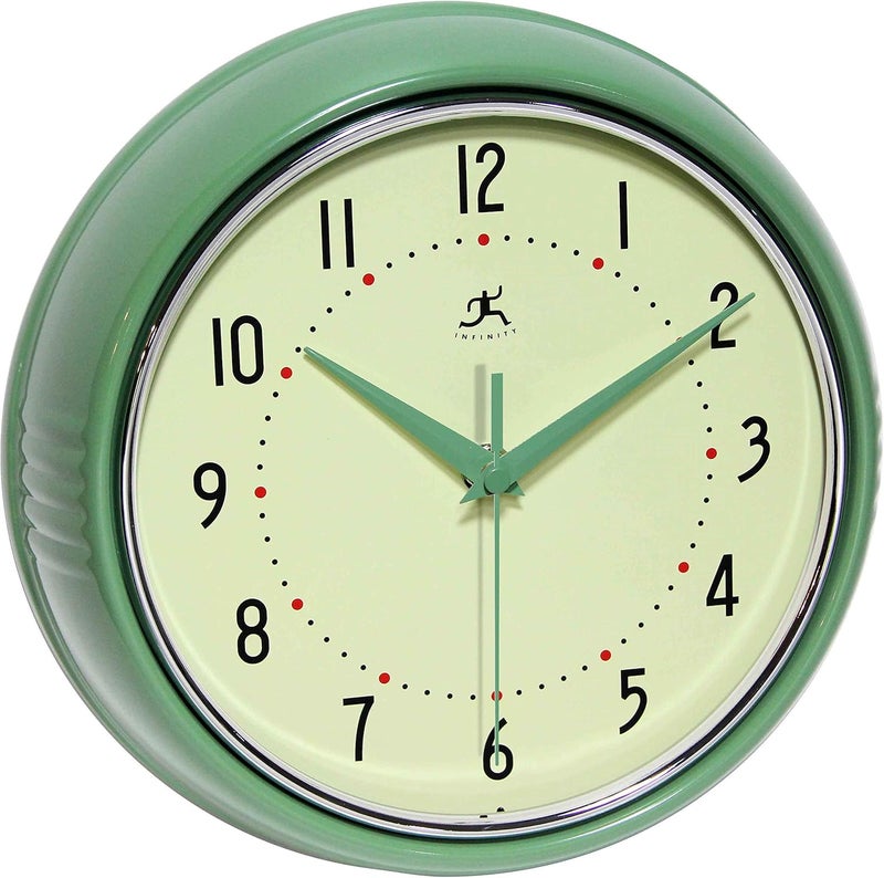 Infinity Instruments LTD. Retro 9 inch Silent Sweep Non-Ticking Mid Century Modern Kitchen Diner Wall Clock Quartz Movement Retro Wall Clock Decorative (Green)… - Image 1